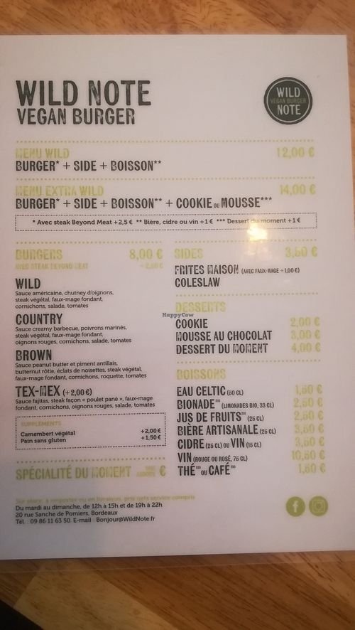 French menu at The Wild Note in Bordeaux