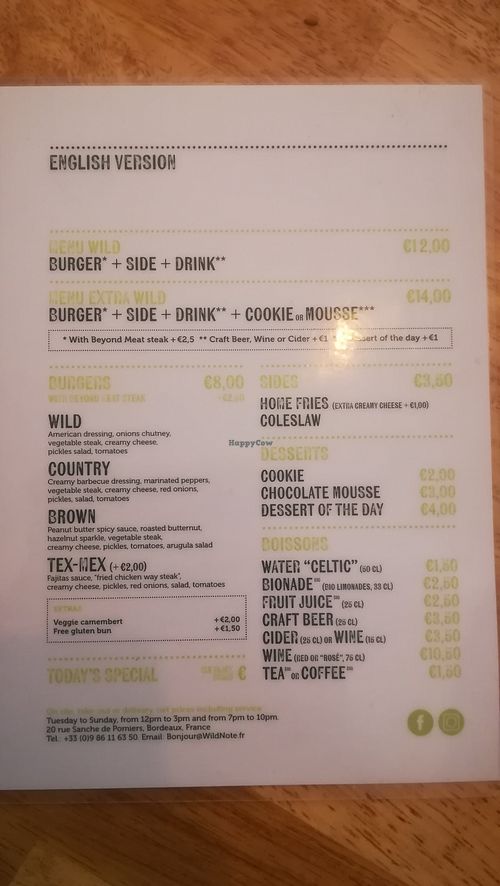 English menu at The Wild Note in Bordeaux