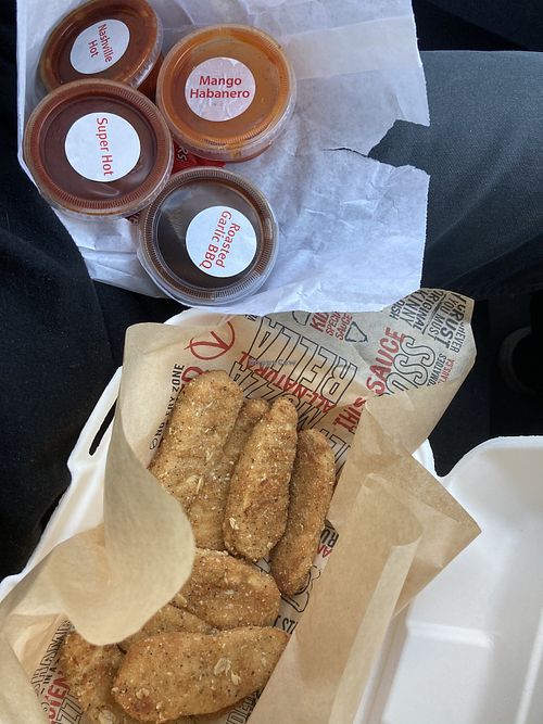 Vegan baked tenders and sauces  at Fresh Brothers in Burbank