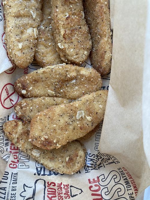 Vegan chx tenders, baked at Fresh Brothers in Burbank
