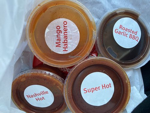 Various hot sauces at Fresh Brothers in Burbank