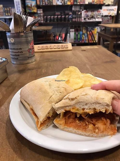 Vegan ‘Dirty Jack’ ciabatta - jackfruit and vegan mozzarella  at d20 Board Game Cafe - Watford in Watford