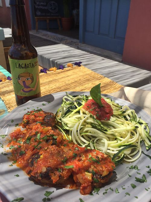 Buckwheat „meatballs“ in tomato sauce (???) goes well with lagarta beer ?  at Grow Café in Tarifa