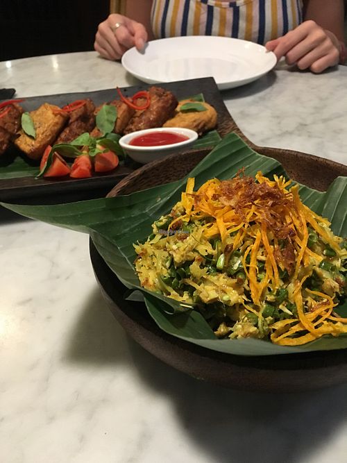 Tempeh and tofu (at back) jack fruit and papaya (at front) at Batan Waru in Gianyar