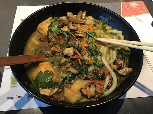 kare burosu ramen.. jam packed with noodles, mushrooms and tofu.. nice kick of heat as well ..  at LHR - Wagamama - T5 in West London