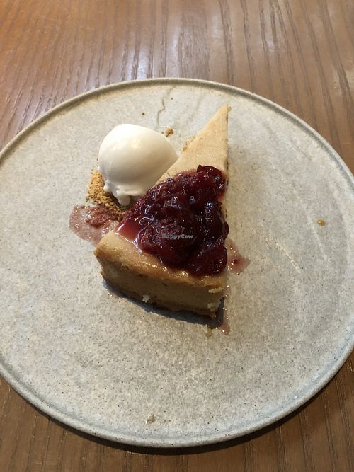 Cheesecake with cherries and coconut ice cream  at PLANTA in Miami Beach