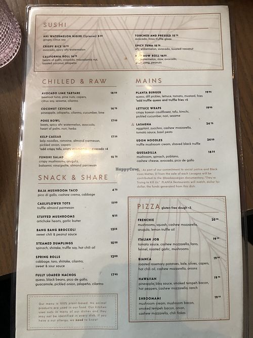 Menu on 6/4/21 at PLANTA in Miami Beach