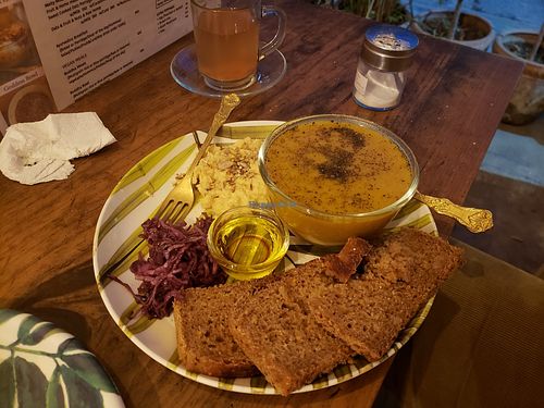 soup with hummus and bread plus side of olive and kombucha at Ayurvedico Cafe in Pokhara