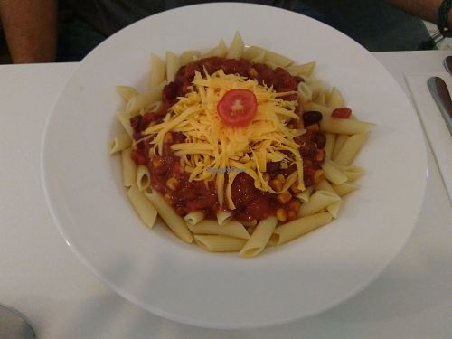Chilli pasta at Veganeria in Budapest