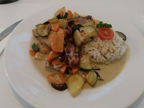 Tofu, jasmin rice and vegetables. The sauce was amazing! at Veganeria in Budapest