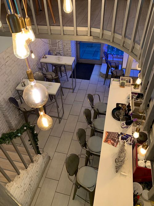 interior view downstairs from upstairs at Veganeria in Budapest