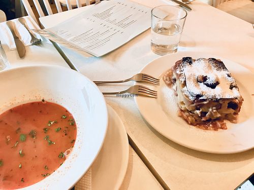 Bean soup + dessert cannelloni  at Veganeria in Budapest