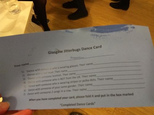 End of term party, Mar 18 - dance card. Lots of dances. at Glasgow Jitterbugs in Glasgow