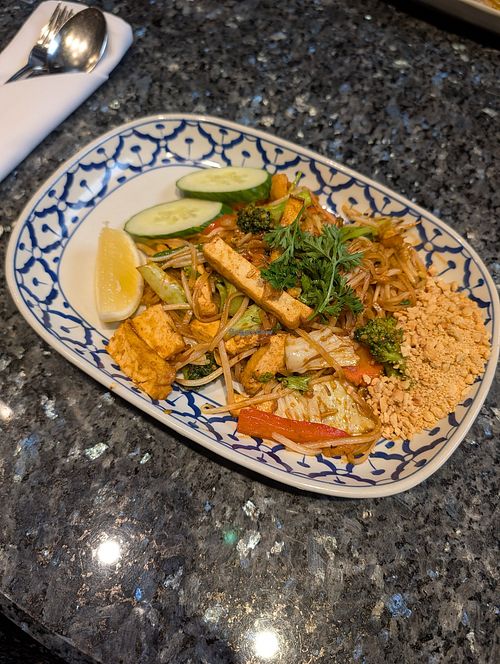 Vegan Pad Thai was pretty good, ask for vegan (no egg, no fish sauce) at Bangkok Garden in Toronto