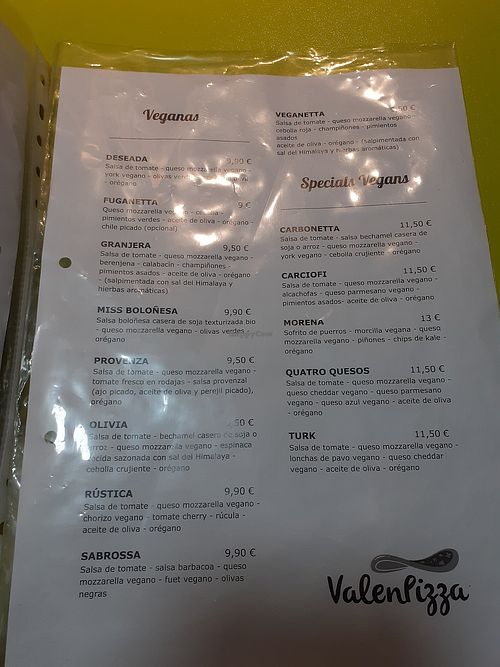 Menu at Valen Pizza in Valencia