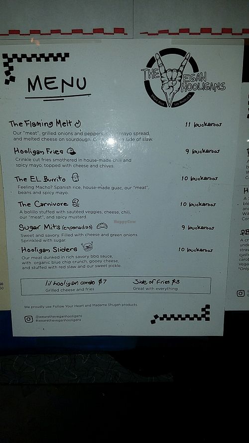 menu from March 2018 at The Vegan Hooligans - Pop-up in Los Angeles