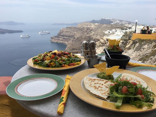 Our lunch and view on the bay at Senor Zorbas in Santorini