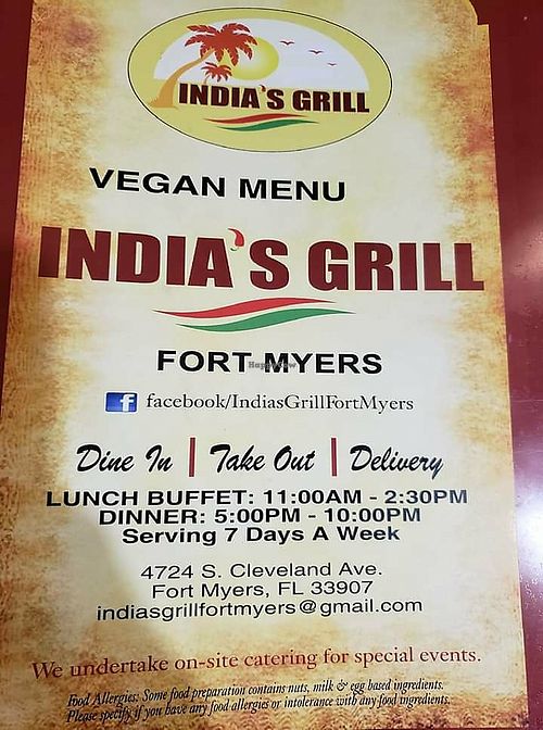 Vegan menu available upon request at India's Grill in Fort Myers