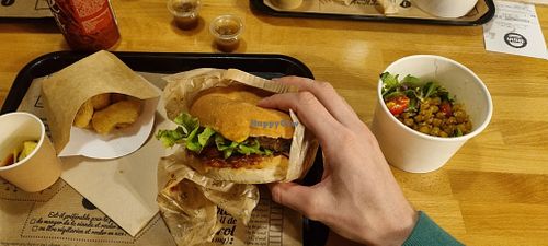 burger, salad, and nuggets. at Hank Cuisine Végétale in Lyon