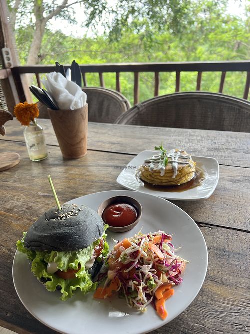 Burguer and pumpkin pankakes   at Vegan Soul Kitchen in Penida Island