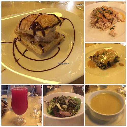 From left to right, top to bottom: Puff pastry with hazelnut cream; Teriyaki rice dish; Lasagna; Raspberry & watermelon juice; Lentil salad; Soup.  at Bon Lloc in Mallorca