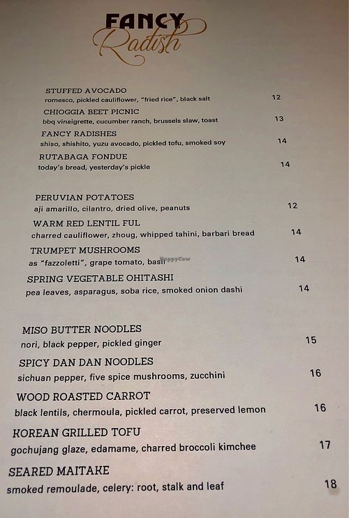 Dinner Menu  at Fancy Radish in Washington