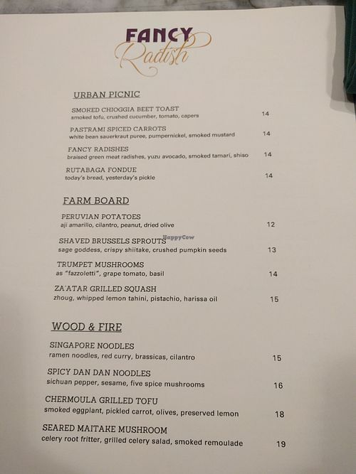 Dinner Menu Nov 2019 at Fancy Radish in Washington