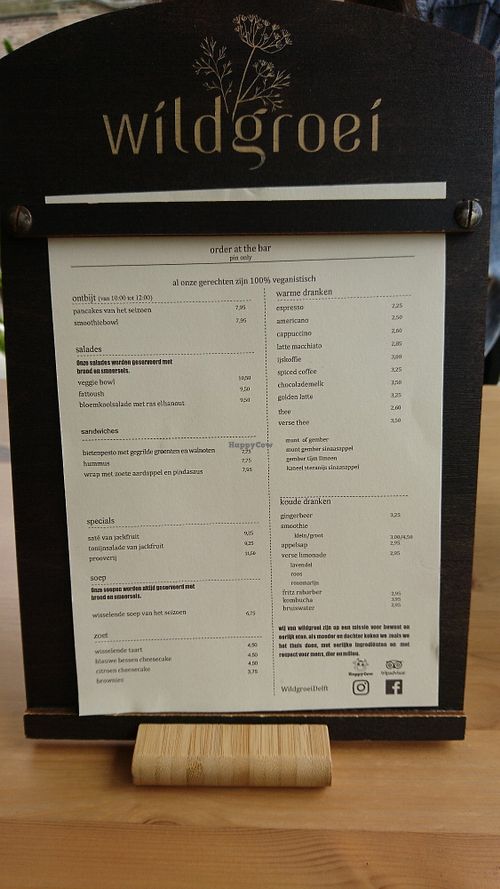 Menu at Wildgroei in Delft