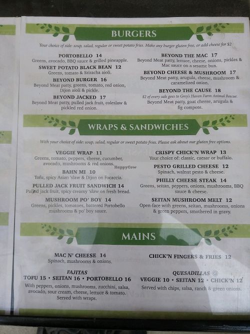 menu at The Vegan Hippie Chick in Welland