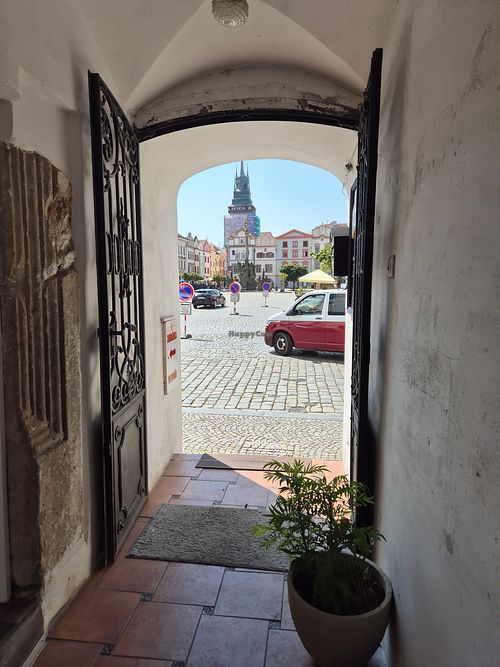 Exit from the restaurant. View to Pernštýnské square at Namaste in Pardubice