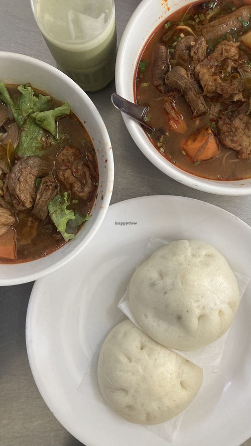 Sweet beef soup and soya milk  at Ahaa Boer Vegetarian Food in Battambang