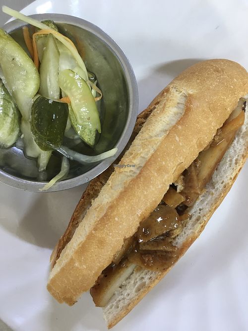 Sandwich with mock meat and pickles   at Ahaa Boer Vegetarian Food in Battambang