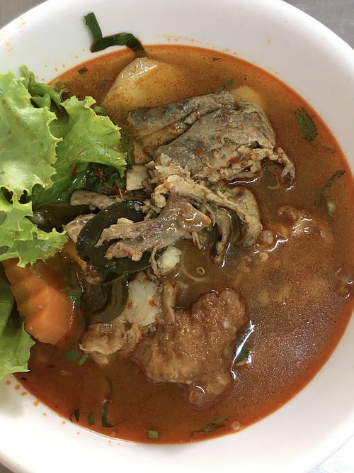 Vegan sweet beef soup with Chinese noodles (rice vermicelli)  at Ahaa Boer Vegetarian Food in Battambang