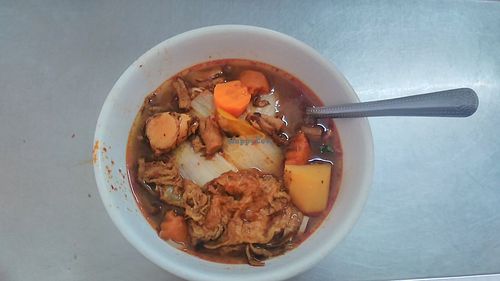 Veggie sweet "beef" soup with yellow noodle at Ahaa Boer Vegetarian Food in Battambang