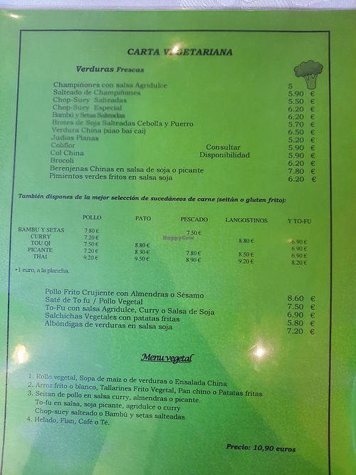 Menu vegetal at Chino Playa in Torremolinos