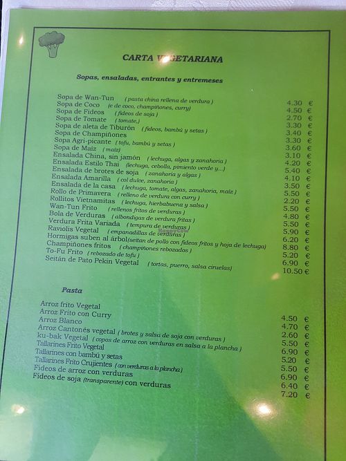 Menu vegetal at Chino Playa in Torremolinos
