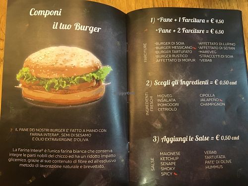 Burger page from menu booklet at Ovita in Bari