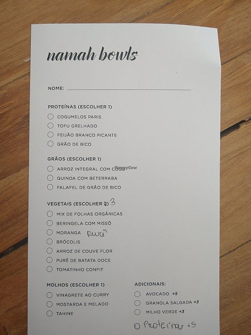 Namah bowl choices at Namah Bistro in Belo Horizonte