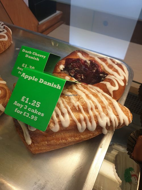 Vegan items: Dark Cherry Danish, Apple Danish, Jam Doughnuts, Lemon cupcakes, Victoria Bun & Vegan Sausage roll. at Brutons The Bakers - Splott in Cardiff
