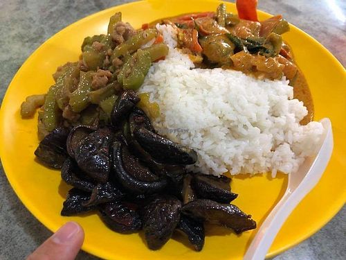 Economic rice. Mushroom, bittergourd and curry vegetables only S$2.70. Photos credit to YiMing Tan at Ji Xiang Vegetarian Stall - Tuas Lot in West Singapore