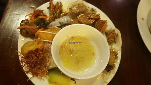 Mixed soup, fried mushrooms, spring rolls, fruit rolls, fried banana flower, traditional sticky rice cake etc at Huong Thien Buffet Chay in Hanoi