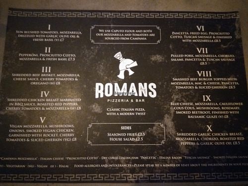 Menu at Romans Pizzeria in Glasgow