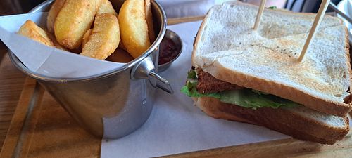 Vegan triple decker with fries at Brooklyn Cafe in Glasgow