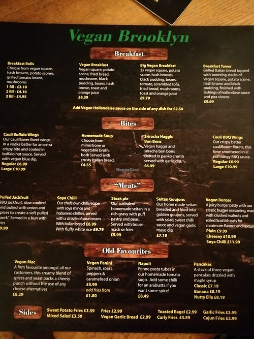 Vegan menu meals at Brooklyn Cafe in Glasgow