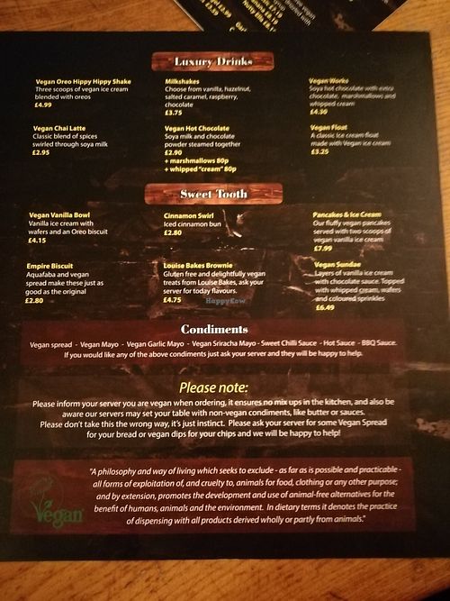 Vegan menu - drinks and desserts at Brooklyn Cafe in Glasgow