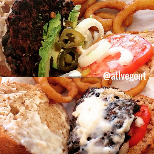 black bean burger with onion rings and veg cheeze  at Vegetarian Paradise in Decatur