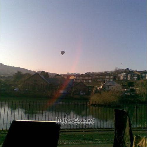 view from front of bookshop, overlooking the pond at Scarthin Books Cafe in Cromford