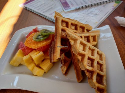Vegan waffles at Banana's Adventure Hostel in Huacachina