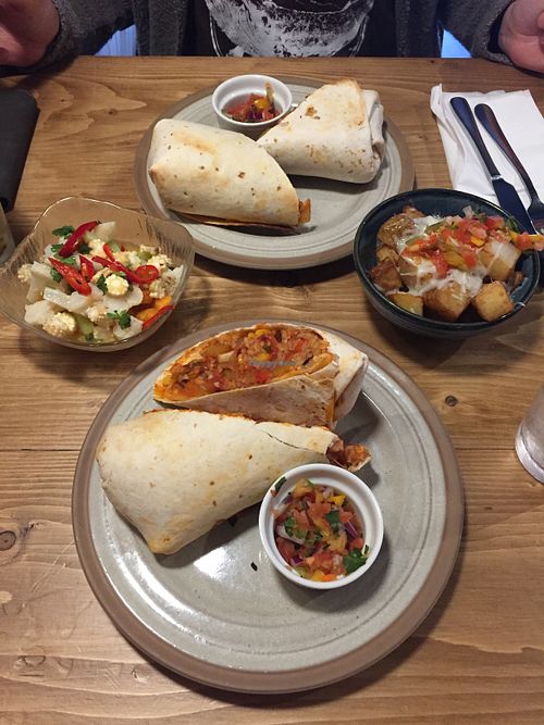 Vegan burritos and Vegetable Ceviche & Colombian Papas Chorreadas on the side at Bodega Cantina in Sutton Coldfield