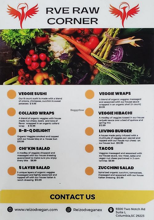 Raw Food Menu at The Reizod Vegan Experience in Columbia